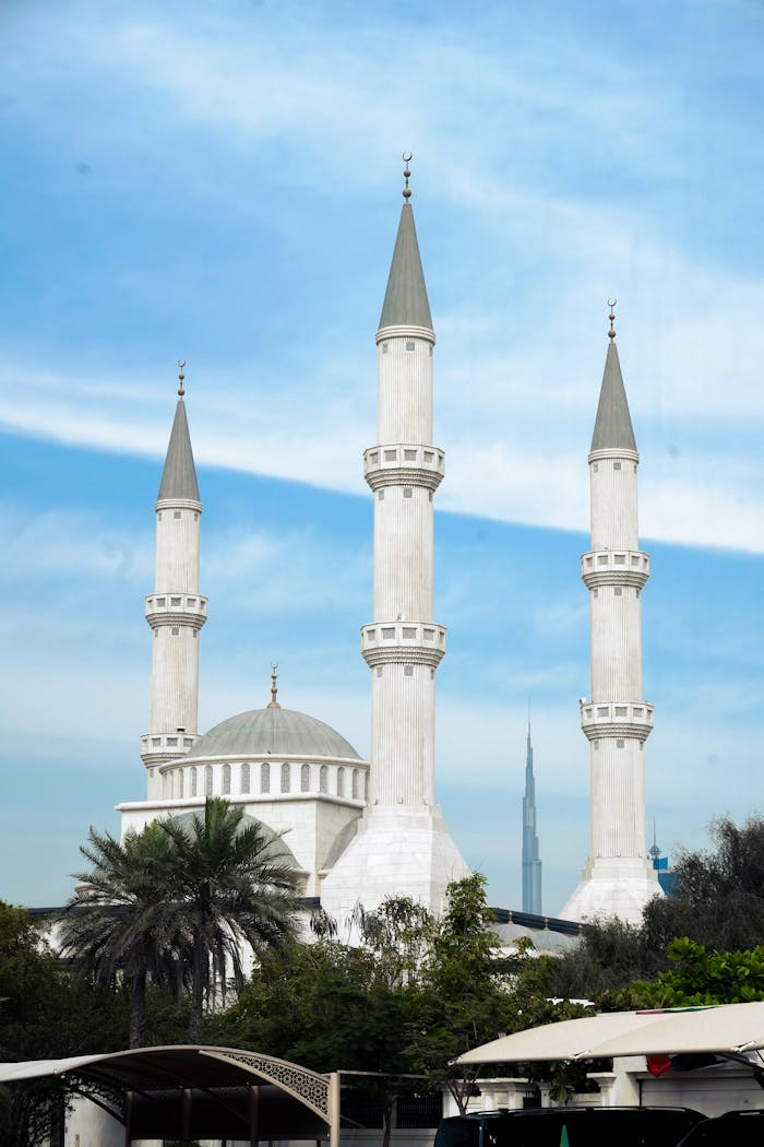 Stunning mosque with city skyline in Dubai, featuring clear blue skies and vibrant greenery.
