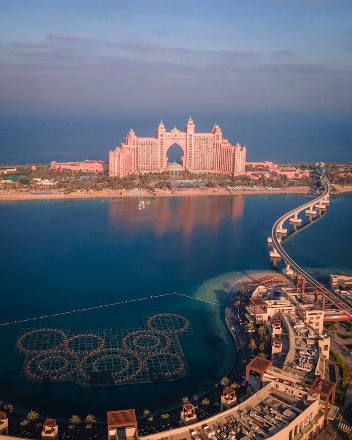 Stunning aerial shot of Atlantis, The Palm in Dubai at sunrise.