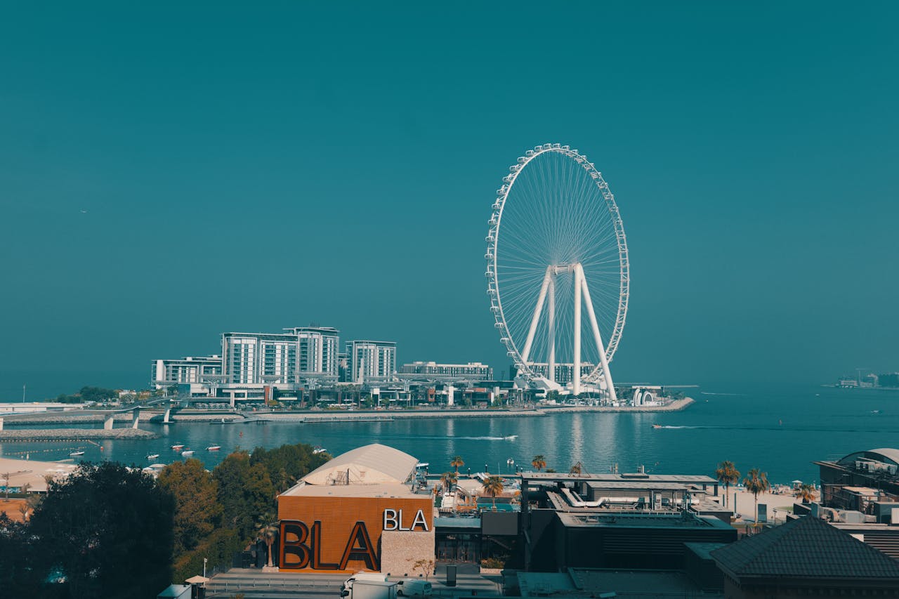 Aerial view of Ain Dubai Ferris Wheel against a clear blue sky, Dubai Waterfront.