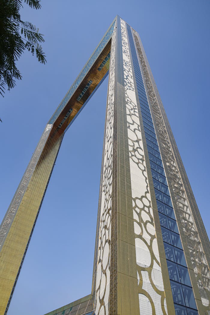 A striking view of the Dubai Frame, showcasing its modern architectural design under a clear sky.